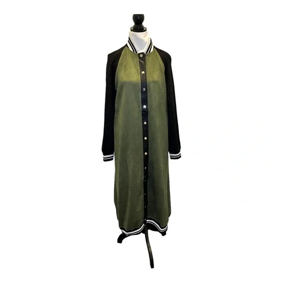 SoNo Chic Varsity Faux Suede Green Maxi Front Snap Jacket - Picture 3 of 14